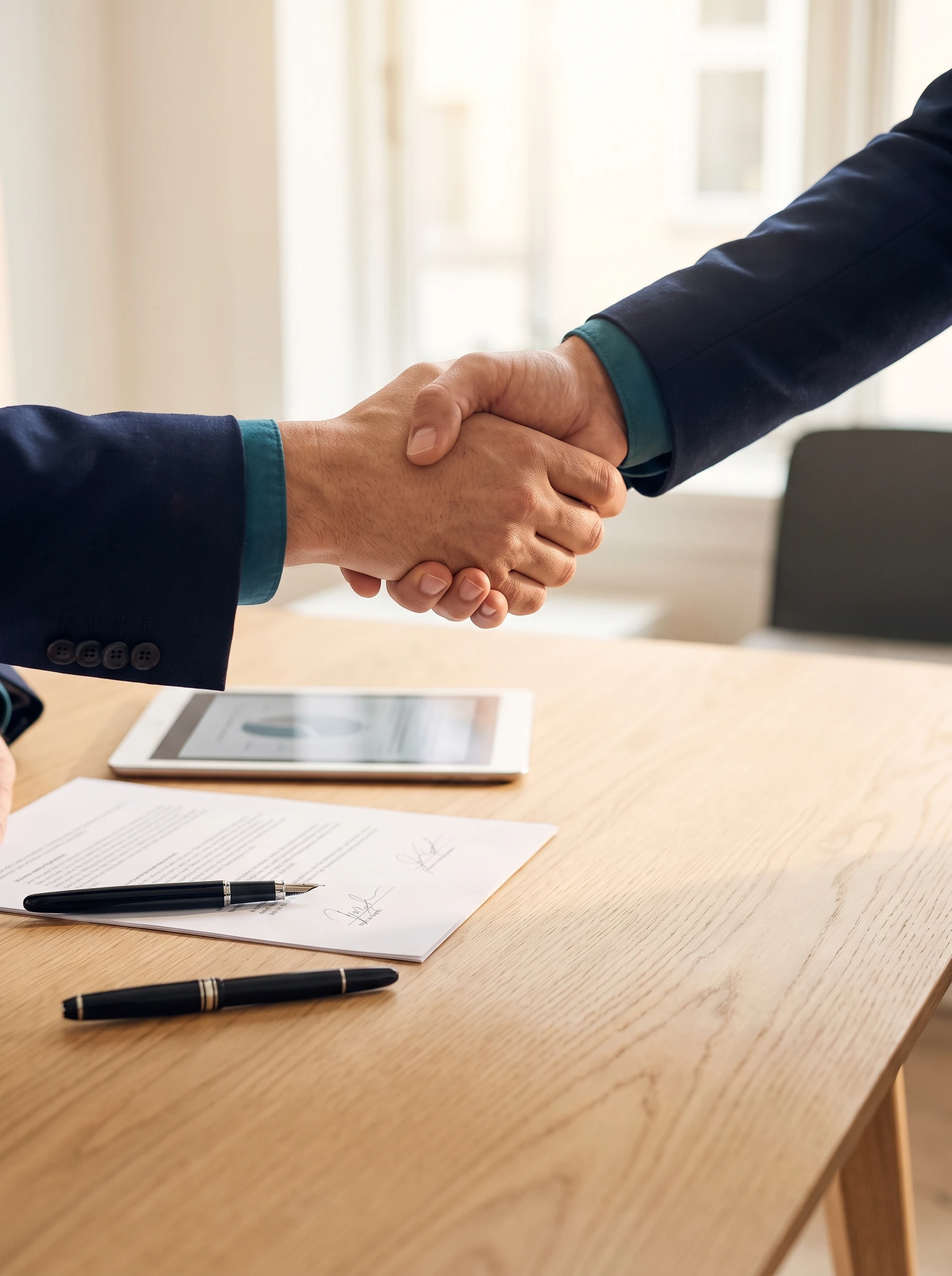 Devis signé et poignée de main entre l'équipe et le client