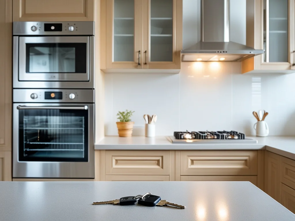 Cuisine d'appartement vide et propre, clés sur le plan de travail