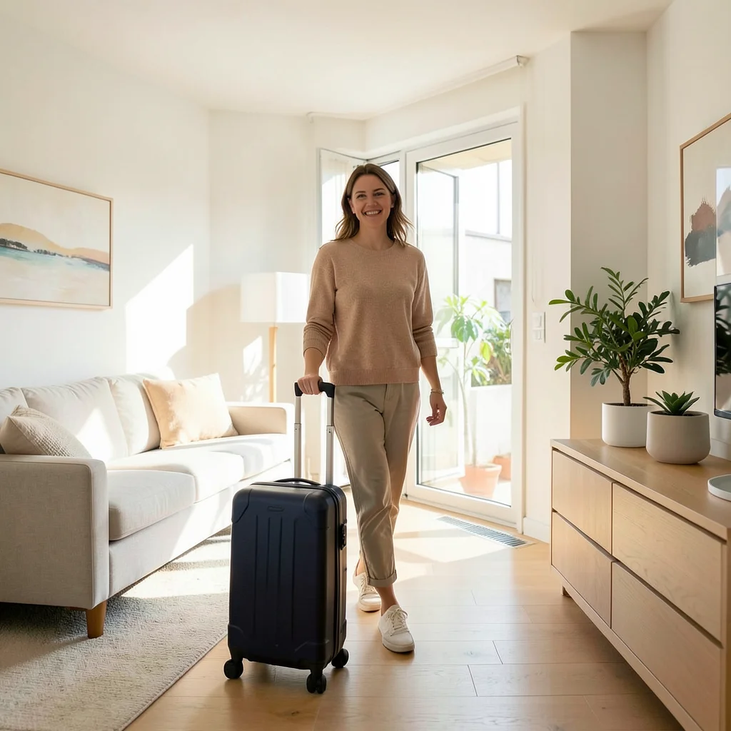 Voyageur souriant entrant dans un appartement Airbnb impeccable