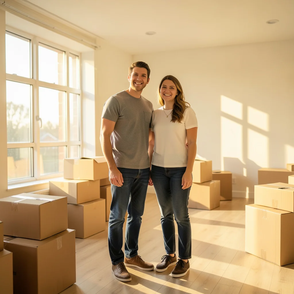 Couple souriant dans son nouvel appartement entouré de cartons de déménagement