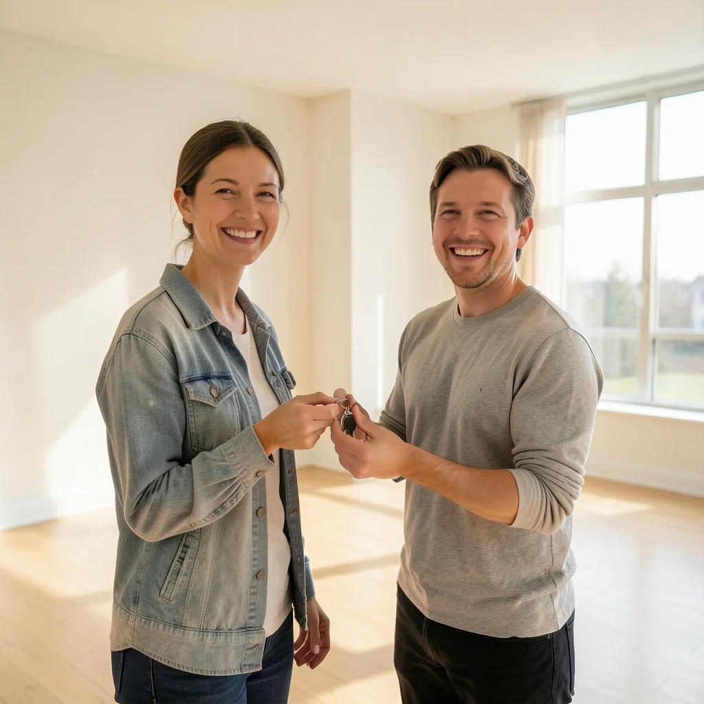 Locataire souriant remettant les clés dans un appartement propre et vide