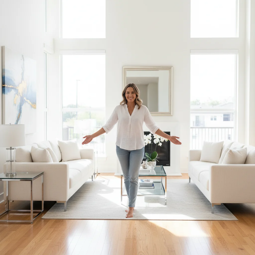 Cliente souriante dans son salon impeccable après un nettoyage professionnel